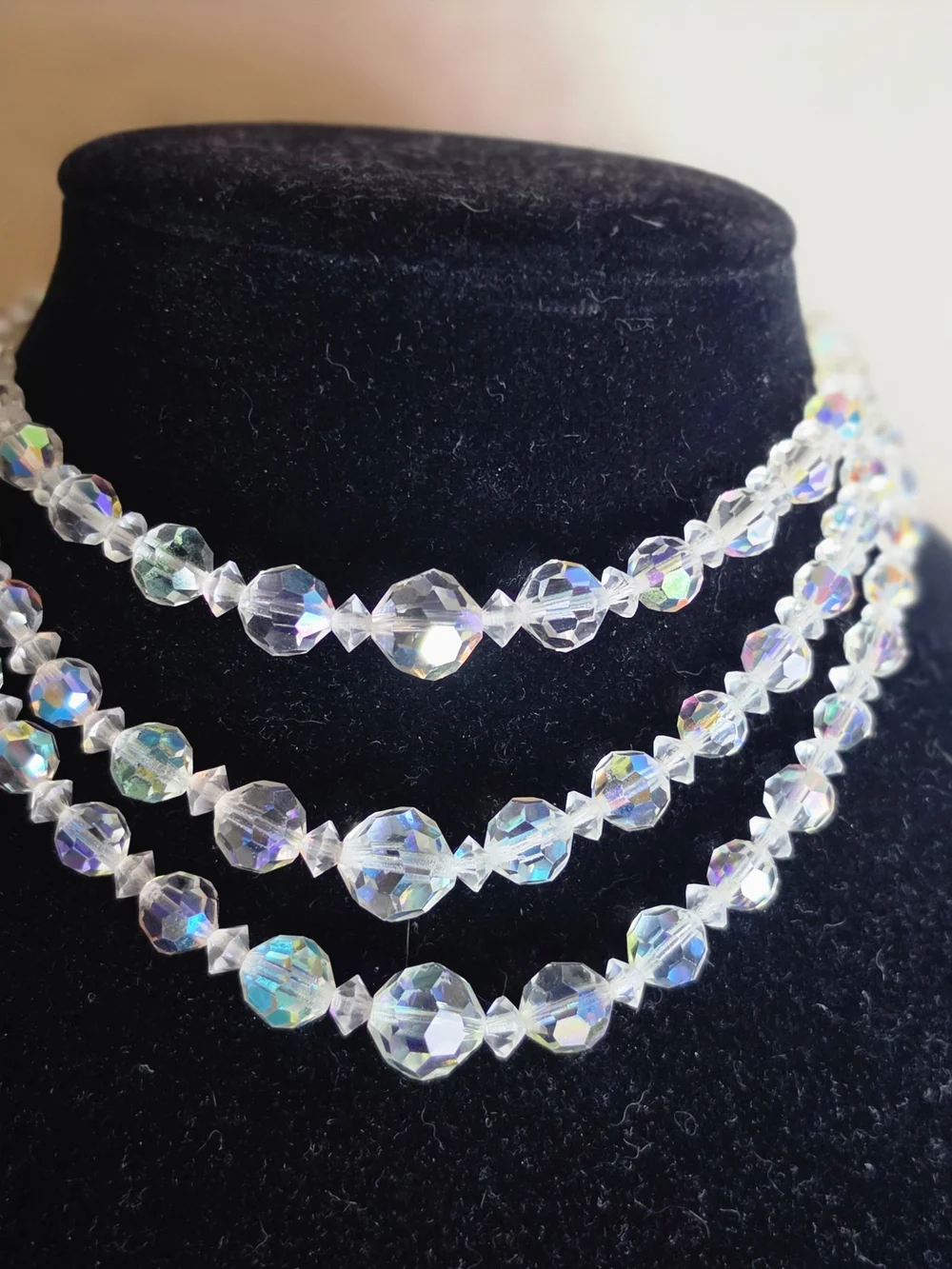 Vintage 3 Strand AB Aurora Borealis Crystal Glass Faceted Bead Necklace Choker